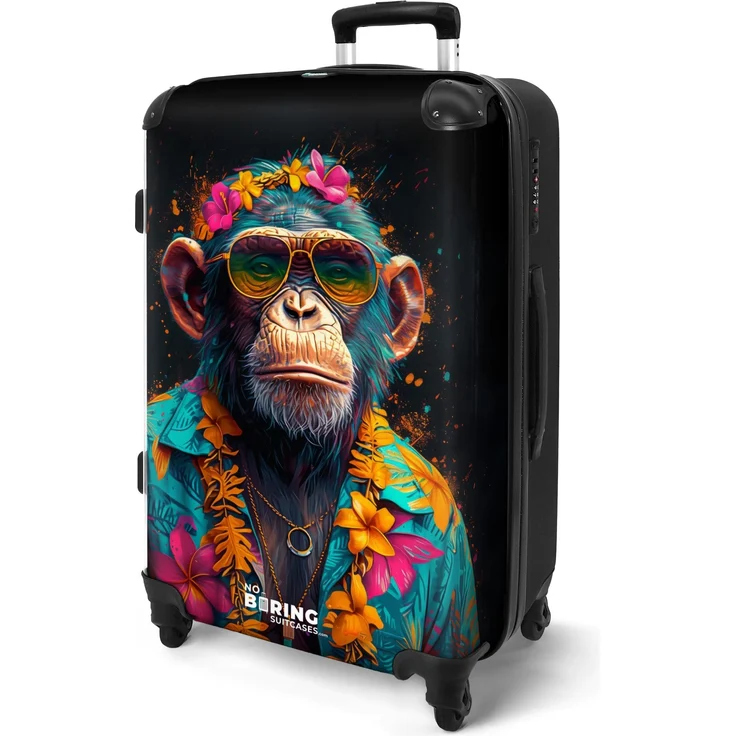 NoBoringSuitcases.com© Hartschalen-Trolley Schimpanse mit Hawaii-Bluse 67x43x25cm, 4 Rollen, Koffer Mittelgroß, Suitcase für Erwachsene, Hochglanz bunt – Bild 1
