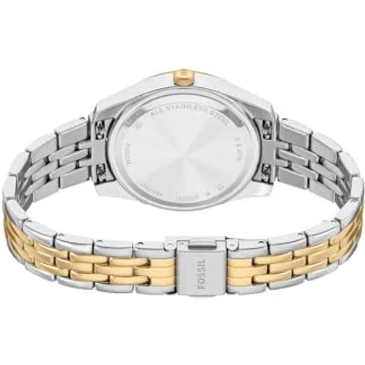 Fossil Scarlette Damenuhr, 32mm Quarz-Dreizeiger-Datumswerk mit gold- und silberfarbenem Edelstahlarmband und rosa Sunray-Zifferblatt – Bild 5