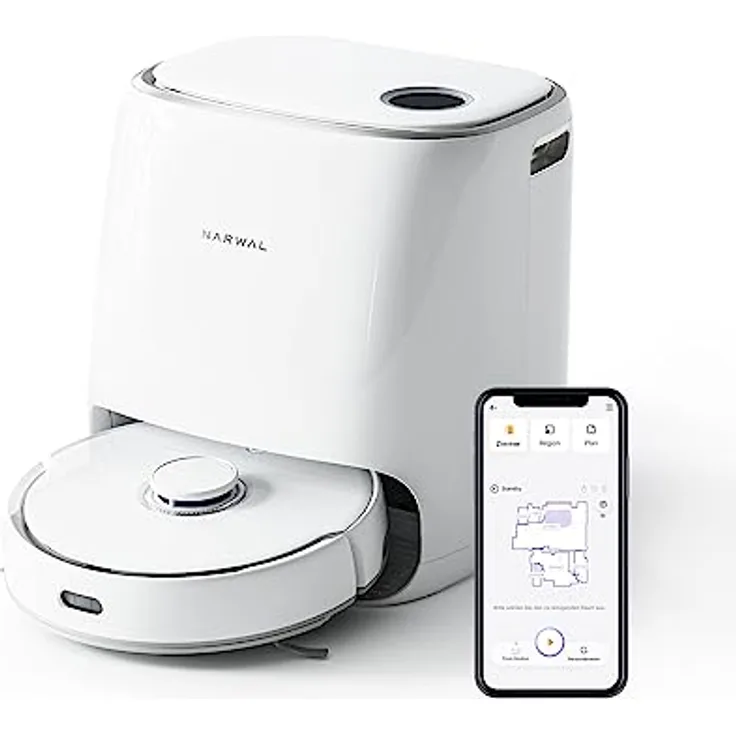 NARWAL Freo Saugroboter mit Wischfunktion und automatischer Dockingstation (Freo-Modus und DirtSense-Schmutzerkennung, rotierende Mopps, Smart-Swing Randreinigung, Heißlufttrocknung)