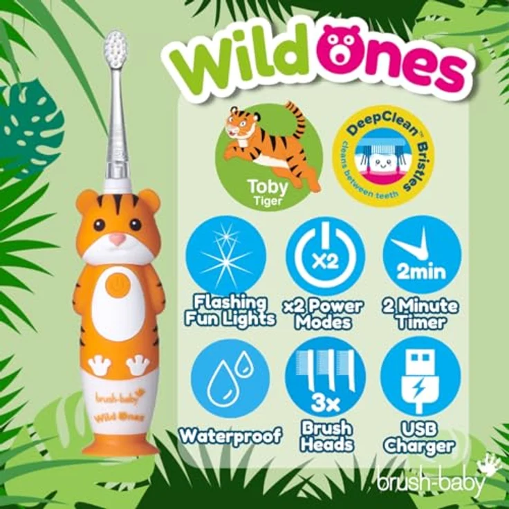 Brush-Baby WildOnes Toby Tiger, Elektrische wiederaufladbare Zahnbürste mit 2-Minuten-Timer, USB-Ladekabel, wasserdicht, für Kinder von 0-10 Jahren, inklusive 2 Ersatzbürstenköpfen – Bild 3