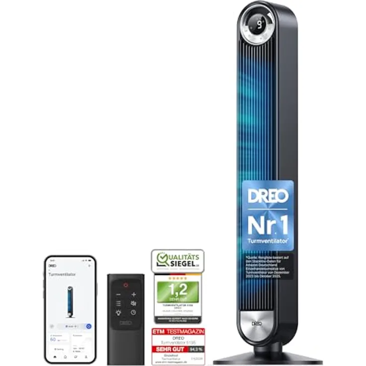 DREO Cruiser Pro T2S, 106 cm Leiser Smart Turmventilator mit 9 Geschwindigkeiten, 4 Modi, 12H Timer, 90° Oszillation, Fernbedienung und Sprachsteuerung, Schwarz