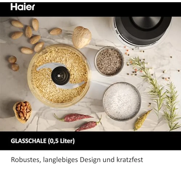 Haier Zerkleinerer 550W I Gemüseschneider mit 0,5L Glasschüssel I Mit 2 Geschwindigkeitsstufen I Zwiebelschneider & Gemüsezerkleinerer I Multizerkleinerer mit Anti-Rutsch-Boden [Serie 5 - HCH5B1] – Bild 4
