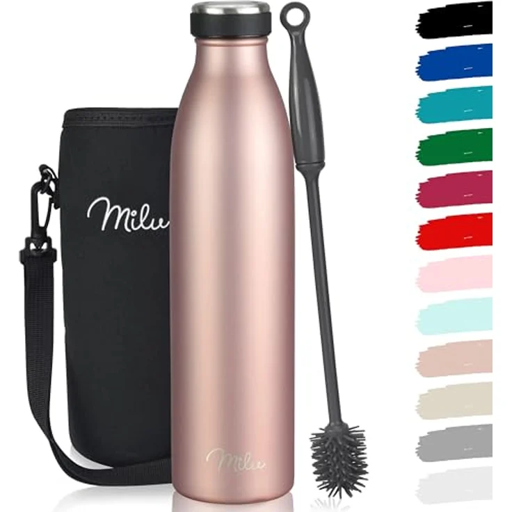 Milu Edelstahl Trinkflasche 750ml, doppelwandige Isolierflasche in Rose Gold, auslaufsicher und kohlensäuregeeignet – inkl. Reinigungsbürste – Bild 1