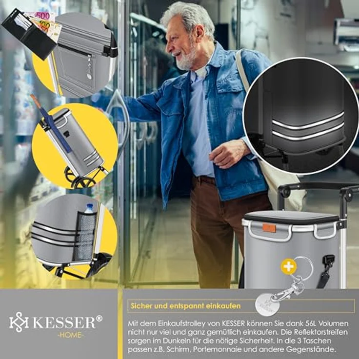 KESSER® Einkaufstrolley klappbar mit 56L Kapazität und belastbar bis 50kg | 3in1 Trolley Sackkarre & Umhängetasche | Faltbarer Einkaufswagen inkl. Kühlfach & Einkaufschip | Treppensteiger Grau – Bild 5