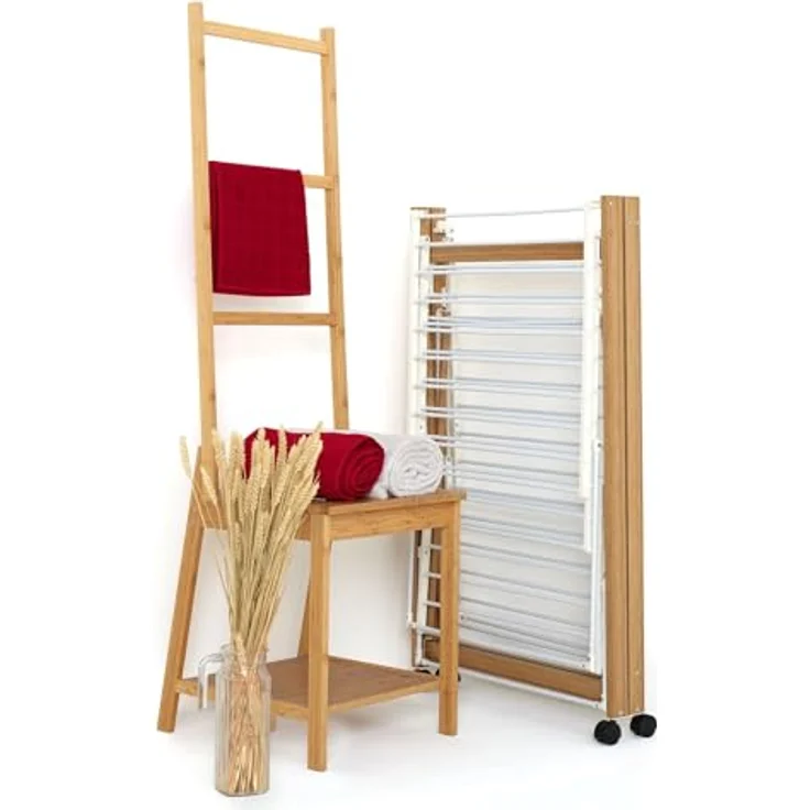 KITCHEN MOVE BAT-WD-03 Séchoir à linge, Acier Inoxydable, Bois et Blanc, L177xl61xH104 cm – Bild 4