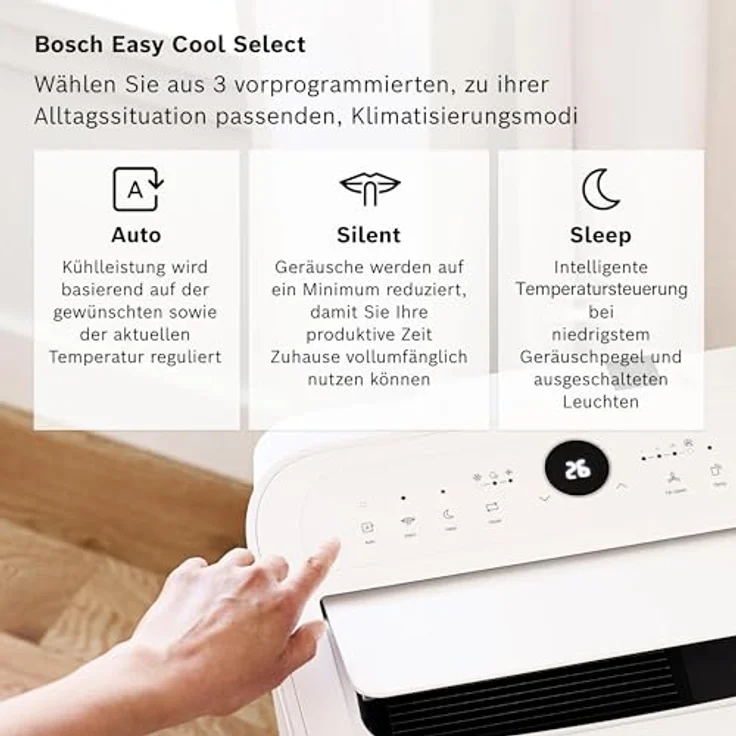 Bosch Cool 2000 Mobiles Klimagerät - 3-in-1: Klimagerät, Luftentfeuchter, Ventilator - 2,6kW Kühlleistung für Räume bis zu 35m² - Auto-Modus, Silent-Modus & Sleep-Modus (46 db(A)) [Energieklasse A] – Bild 3