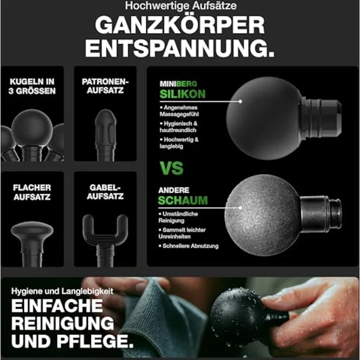 Donnerberg Massagepistole Miniberg MG-111, 6mm Amplitude, 7 Jahre Garantie, 2600-mAh Samsung Akku, 6 Silikonaufsätze, leise und kompakt, TÜV SÜD geprüft – Bild 7