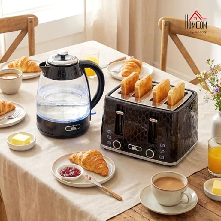 HOMCOM Wasserkocher- und Toaster-Set, 2200W Wasserkocher (1,7L) und 4-Scheiben-Toaster mit 7 Bräunungsstufen, Schwarz mit Silber – Bild 2