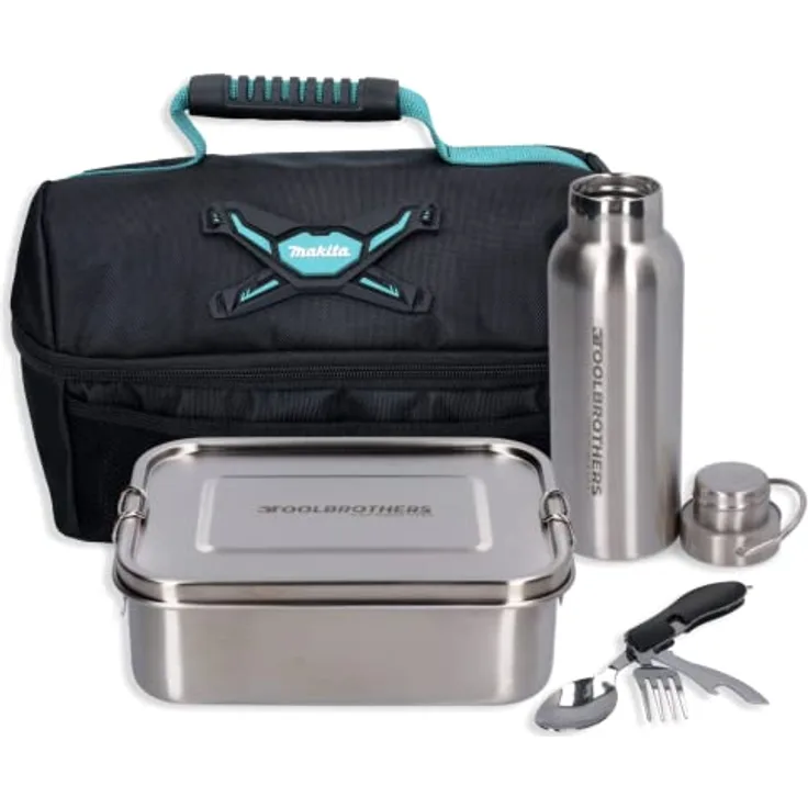 Toolbrothers Fan Lunchpaket mit Edelstahl Brotdose + Edelstahl Trinkflasche 500 ml + 4 in 1 Multifunktions Besteck + Marken-Kühltasche, 100% ökofreundlich, Set mit 1200ml & Edelstahldeckel