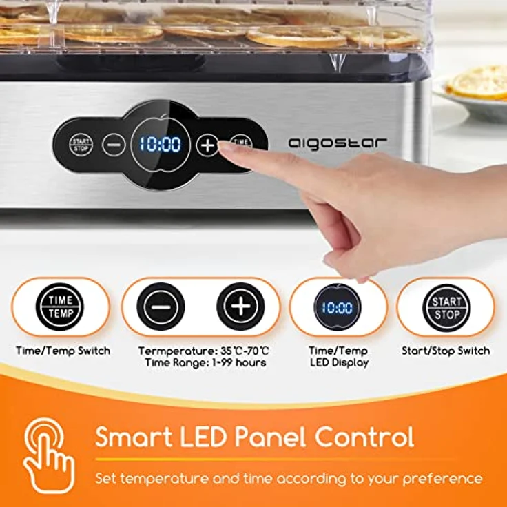 Aigostar Crispy - Dörrautomat, Dörrgerät mit Temperaturregler, 240W, 35-70°C, 99h-Timer, 5 Einlegefächer, Dörrautomat Edelstahl für Fleisch, Obst, Gemüse, Dehydrator - BPA frei – Bild 2