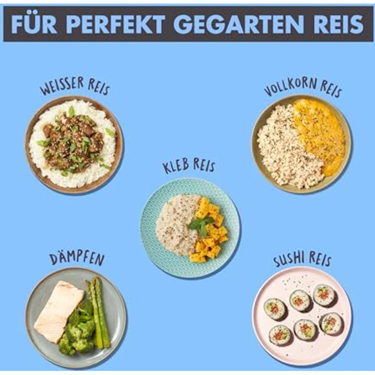 Reishunger Reiskocher & Dampfgarer mit Keramikbeschichtung Starterset (10-teilig) inkl. Dämpfeinsatz, Löffel, Messbecher, 8-teiligem Reisset & Edelstahl Reiswaschschüssel, glänzende Keramikbeschichtung, 1.2 l Fassungsvermögen, 500 W, 220 V – Bild 5