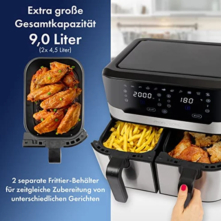 ProfiCook® Doppel-Heißluftfritteuse 9 Liter, XXL Heißluftfritteuse Doppelkammer, Frittieren mit heißer Luft ohne zusätzliches Öl, 9 Programme, Air Fryer mit Touchscreen, PC-FR 1242 H, 2400W – Bild 2