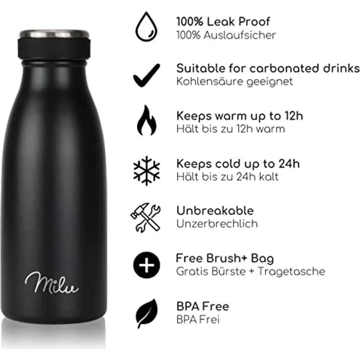 Milu Edelstahl Trinkflasche 350ml – Thermosflasche für Kinder und Erwachsene, auslaufsicher, isoliert, kohlensäuregeeignet, Schwarz, inkl. Reinigungsbürste – Bild 2