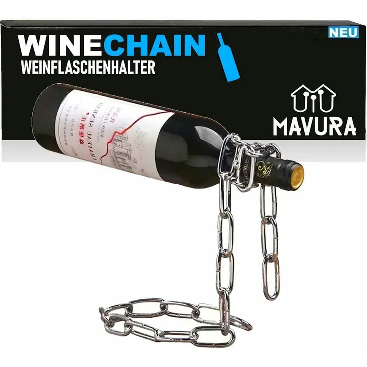 MAVURA Weinflaschenhalter WINECHAIN Flaschenhalter Weinständer Flaschenständer Kette Metall, für Wein Design Silber - Illusion einer schwebenden Flasche