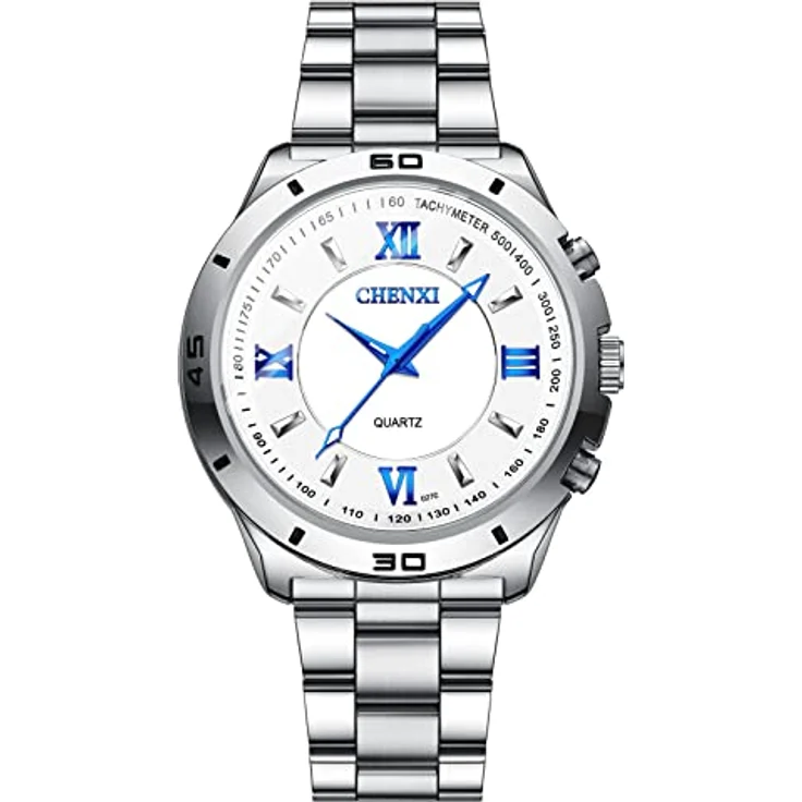 JewelryWe Herren Armbanduhr Analog Quarz, 30M wasserdicht, Edelstahlarmband, römische Ziffern, leuchtende Zeiger, weiß – Bild 1