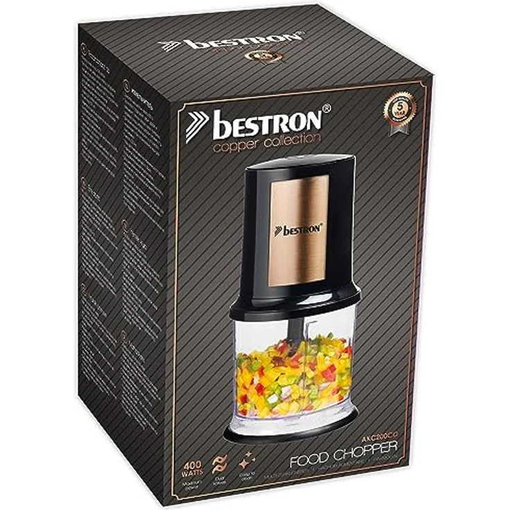 Bestron elektrischer Multi-Zerkleinerer, Universalzerkleinerer mit zwei Schneidemessern & 500ml Kapazität, große Pulstaste, 400 Watt, Farbe: Kupfer – Bild 5