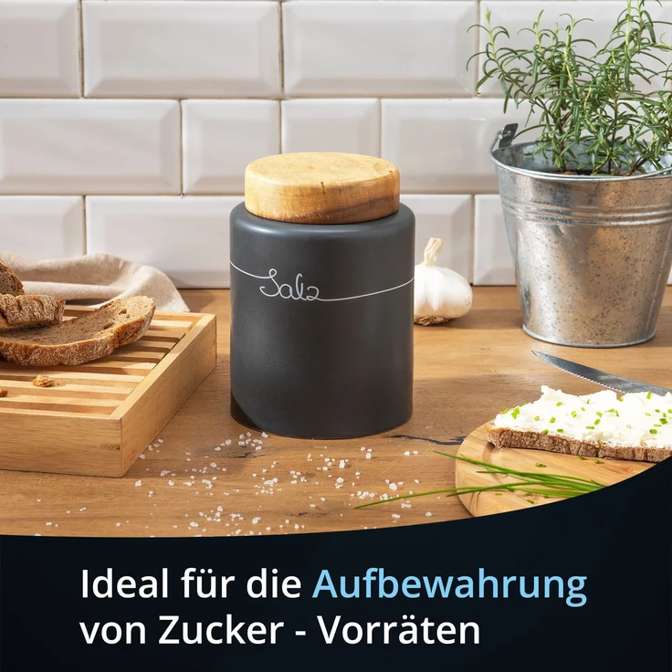 KHG Salz Aufbewahrung Keramik Steingut poliert, Anthrazit Grau Holz-Deckel Bambus, Salzdose luftdicht rund & mit Beschriftung, Vorratsdose Salz Höhe 16 cm & 11,5 cm – Bild 2
