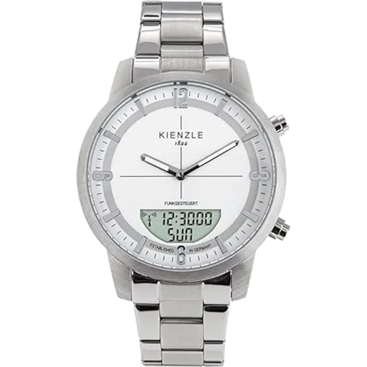 KIENZLE Funk-Armbanduhr Modell HAMBURG, Quarz-Uhrwerk, digitale Anzeige, leuchtende Zeiger, wasserdicht bis 10 bar, inkl. Geschenketui, silber - Preisvergleich