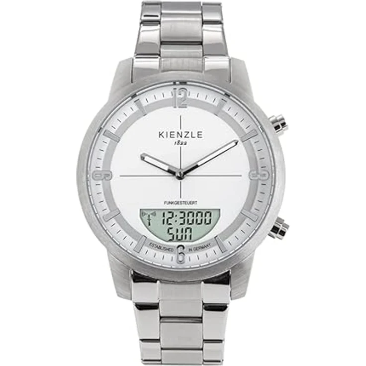KIENZLE Funk-Armbanduhr Modell HAMBURG, Quarz-Uhrwerk, digitale Anzeige, leuchtende Zeiger, wasserdicht bis 10 bar, inkl. Geschenketui, silber - Preisvergleich – Bild 1