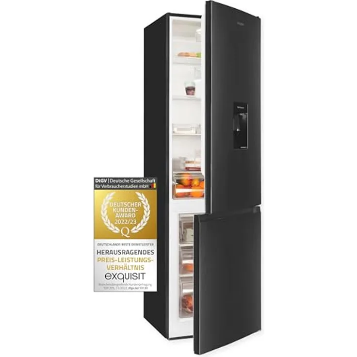 Exquisit Kühl-Gefrierkombination KGC5265-70-WS-040D inoxlook-az | Nutzinhalt: 260 L | Wasserspender | Alarm | 4-Sterne-Gefrieren