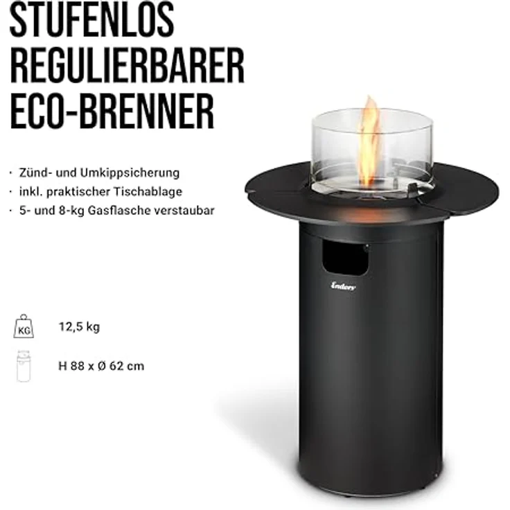 Enders Terrassenfeuer NOVA Table Black M, Gas Terrassenfeuer mit Ambientebeleuchtungen, ECO Green Brenner-Technologie und exzellentem Design, H88cm Ø 62cm, Tischablage, Schwarz #5900 – Bild 4