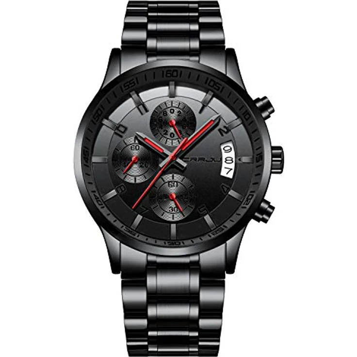 CRRJU Herren Chronograph Armbanduhr, wasserdichte Edelstahlarmbanduhr mit Kalender, analoges Japanisches Quarzwerk, Schwarz Rot – Bild 1
