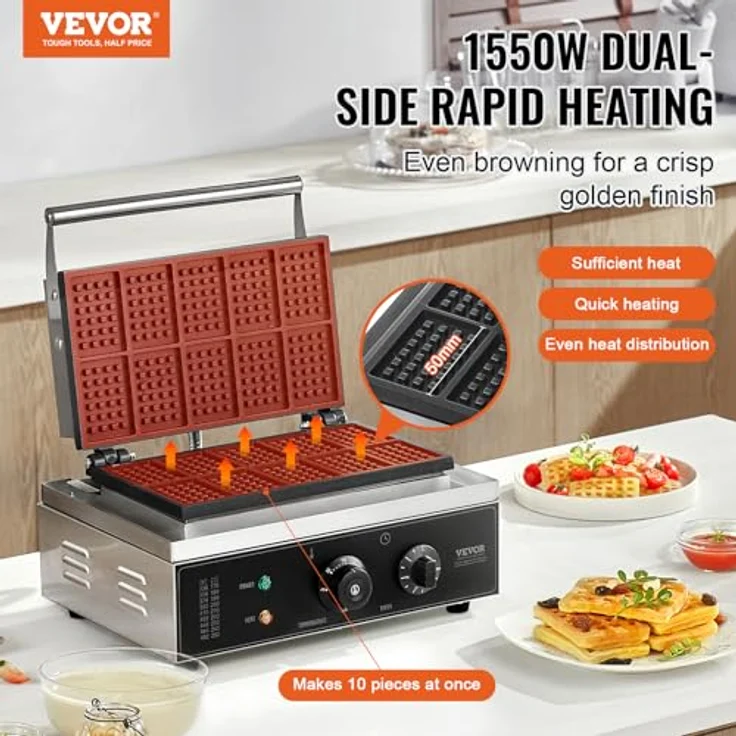 VEVOR Kommerzielles Waffeleisen 1550 W, Edelstahl mit antihaftbeschichteten Platten, Temperatur- und Zeitregelung, für 10 rechteckige Waffeln – Bild 2
