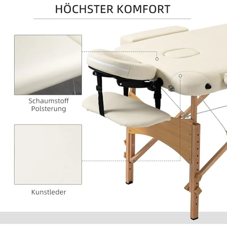 HOMCOM Massagetisch, faltbar, höhenverstellbar, aus Buchenholz, weiß, 182x87x60 cm, bis 250 kg belastbar, inkl. Tragetasche – Bild 5
