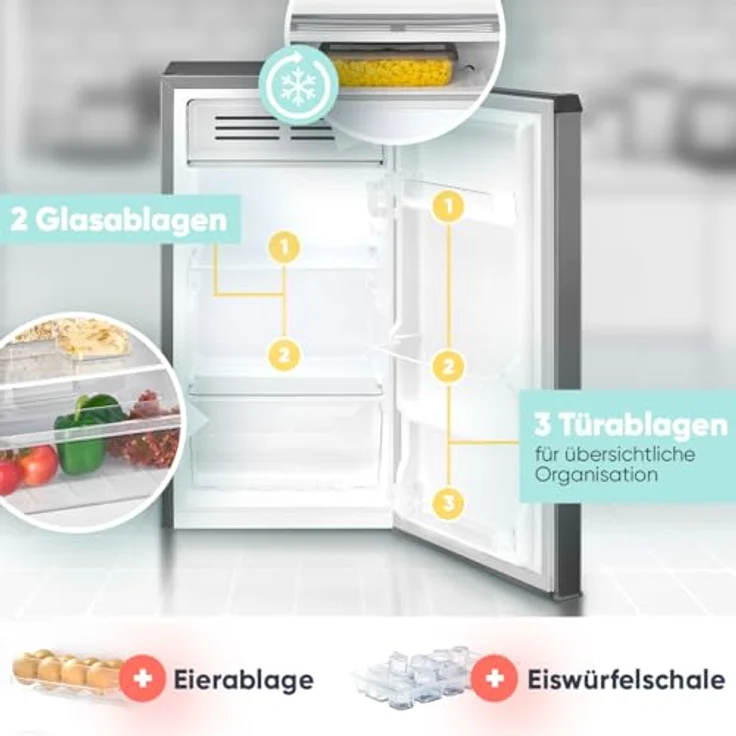 Bomann KS 7257, Kühlschrank klein mit Gefrierfach, 83L, temperaturregelbar von 0°C bis +8°C, grau, 2 Ablagen & 3 Türablagen – Bild 4