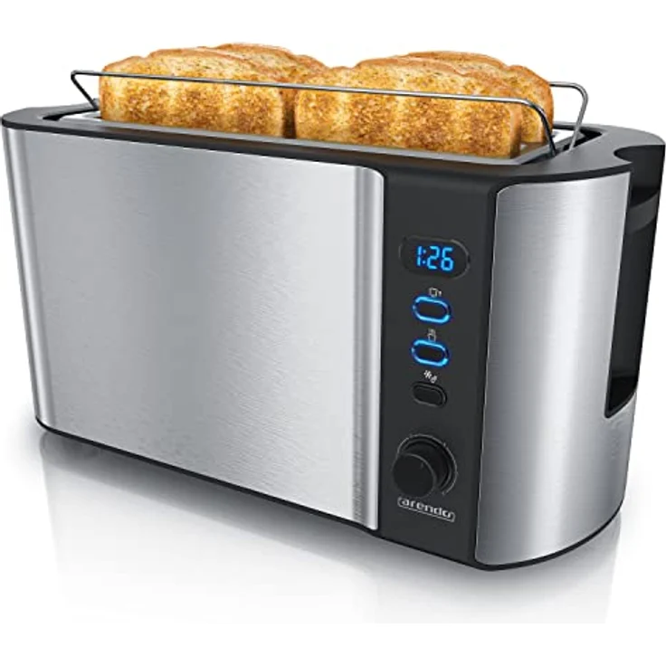 Arendo Edelstahl Toaster Langschlitz 4 Scheiben - Defrost Funktion - wärmeisolierendes Gehäuse - mit integrierten Brötchenaufsatz - 1500W - Krümelschublade - Display mit Restzeitanzeige - silber – Bild 2
