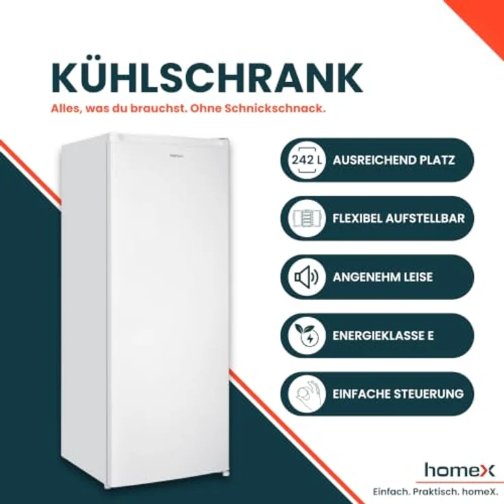 homeX CS2422E-W Kühlschrank ohne Gefrierfach, 242 Liter Nutzinhalt, freistehend, 143 cm hoch, weiß, leise mit LED-Beleuchtung – Bild 2