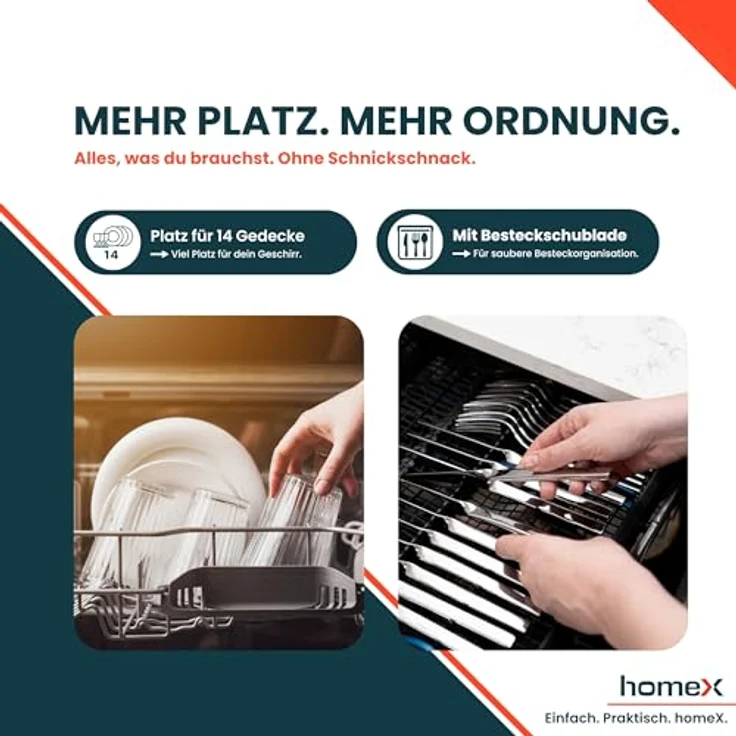 homeX DWSI601444C Geschirrspüler 60 cm, teilintegrierbare Spülmaschine für 14 Maßgedecke, 7 Programme, AquaStop, 44 dB, Edelstahl-Innenraum – Bild 3
