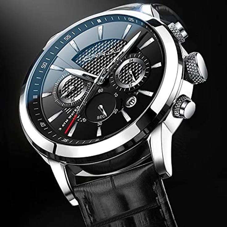 CRRJU Chronograph Herren Armbanduhr Analog Quarz, wasserdicht mit Lederarmband und Datumsanzeige, Schwarz – Bild 2