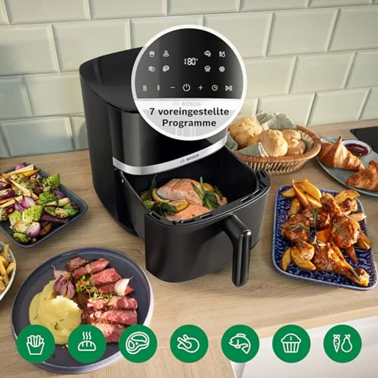 BOSCH Heißluftfritteuse Air Fryer Serie 4 MAF462B0, 6,1l, 2 Heizelemente, 7 Programme, Auftaufunktion, spülmaschinengeeigneter Korb/Gitter, schwarz – Bild 8
