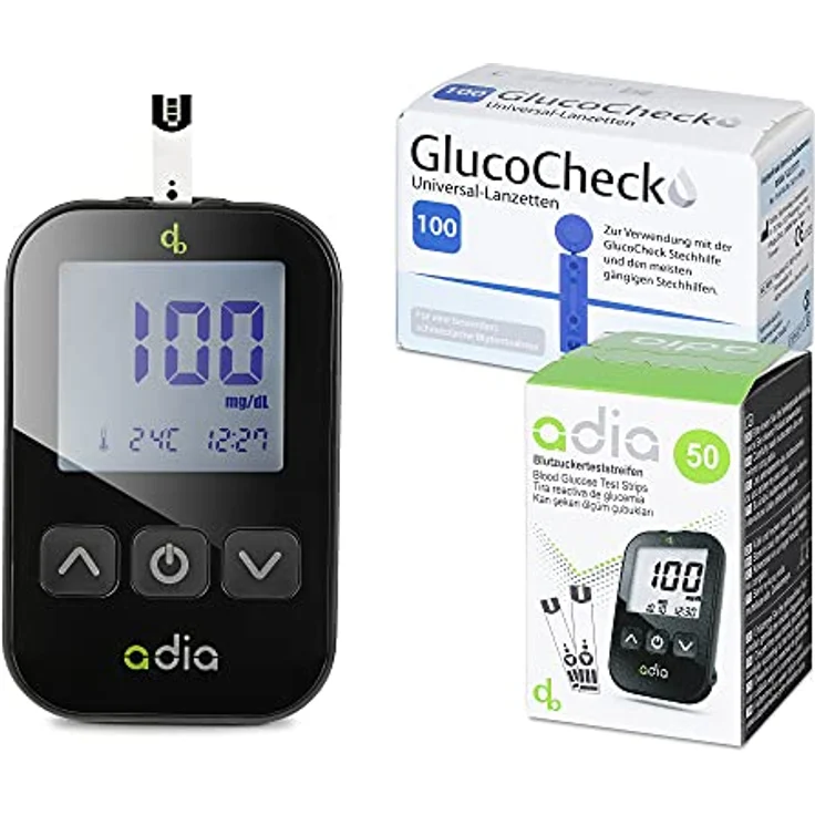 adia Vorteilspack Blutzuckermessgerät-Set (mg/dl) + 60 Blutzuckerteststreifen + 110 Lanzetten zur Überwachung des Blutzuckers – Bild 1