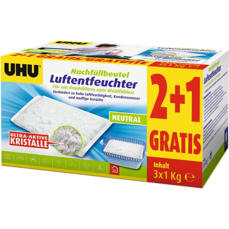 UHU Luftentfeuchter Nachfüllbeutel Sparpack, 3 x 1000 g - Geruchlos, lautlos, mit Wasserstands-Indikator