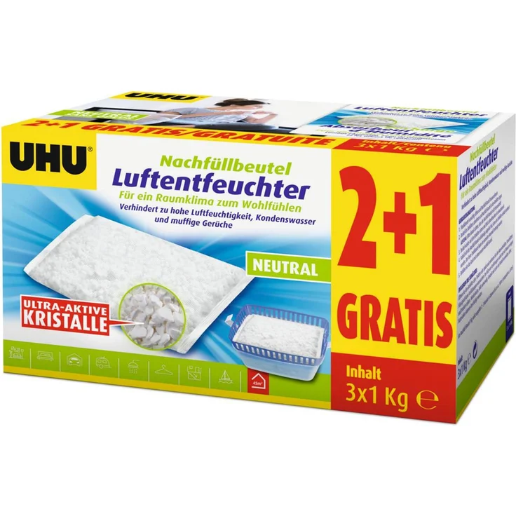 UHU Luftentfeuchter Nachfüllbeutel Sparpack, 3 x 1000 g - Geruchlos, lautlos, mit Wasserstands-Indikator