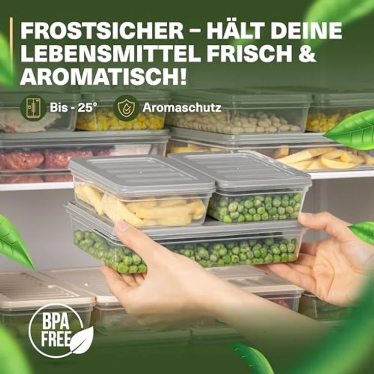VIWARES Stapelbare Gefrierdosen 9er Set, Lebensmittellagerung für Kühlschrank und Gefrierfach, Frostfest bis -25°C, wiederverwendbar, Grau – Bild 3