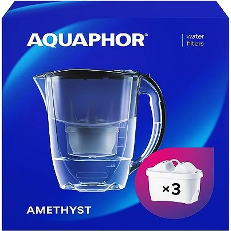 Aquaphor Amethyst Filterkanne - Trinkwasserkanne mit 3 Original-Kartuschen Maxfor Plus, Schwarz