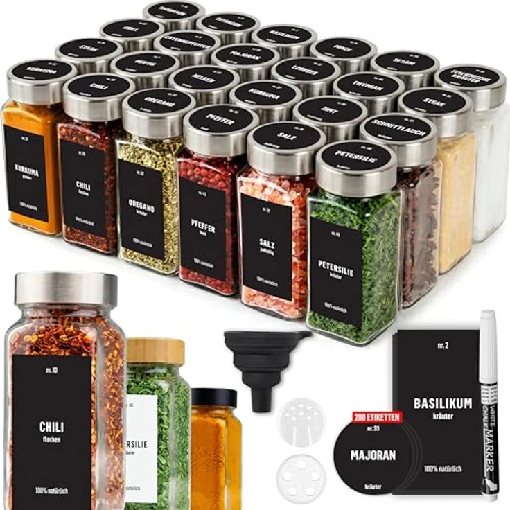 Deco haus® Gewürzgläser eckig, luftdicht 24er Set mit Etiketten & Streueinsatz, lebensmittelecht, inkl. Reinigungsbürste und Silikontrichter – Bild 1