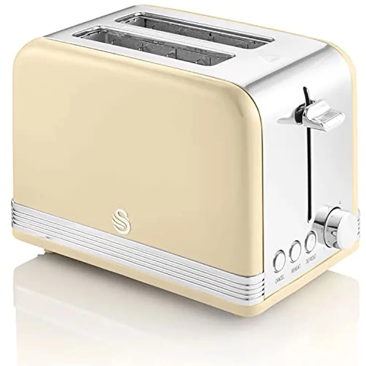 Swan Retro ST19010CNEU 2-Scheiben-Breitschlitz-Brottoaster, Vintage Design, 3 Funktionen: Auftauen/Aufwärmen/Abbrechen, 6 Toaststufenregler, Edelstahl, Creme, 815W