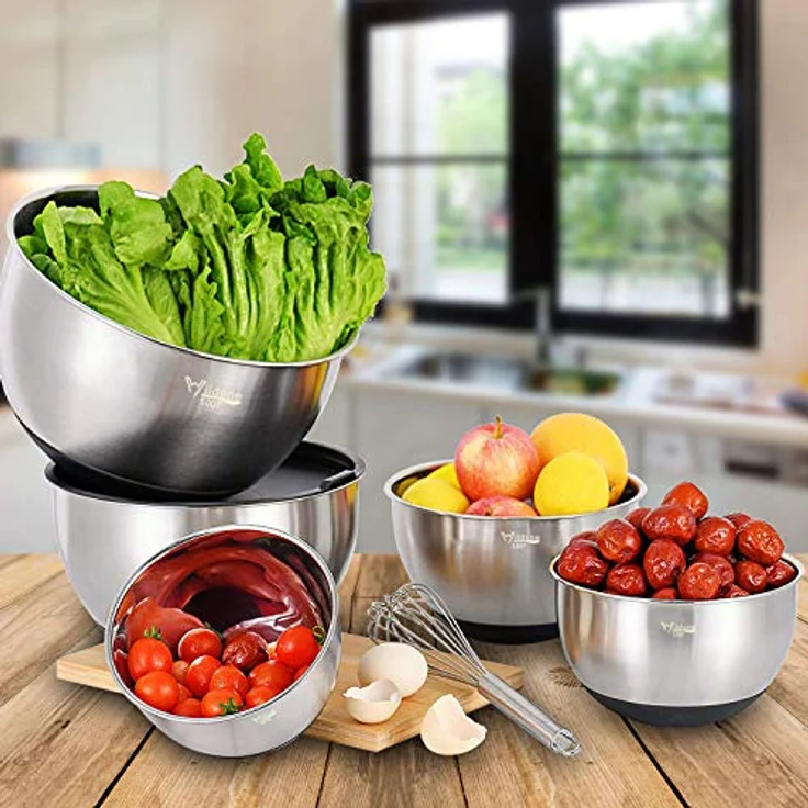 Wildone Rührschüssel-Set, Edelstahl, mit luftdichten Deckeln, 3 Reibenaufsätzen, Messmarken und rutschfesten Unterseiten, Größe 5, 3, 2, 1,5, 0,63 QT, ideal zum Mischen und Servieren 5pc+3graters schwarz – Bild 6