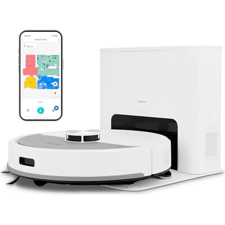Medion® Saugroboter X23 SW+, smarter Saugroboter mit Wischfunktion, Absaugstation, beutellos, weiß