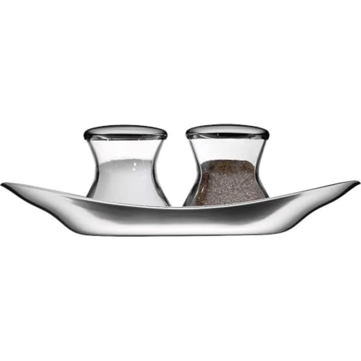 WMF Wagenfeld Streuer Set, Max und Moritz 3-teilig, mit Teller Salzsteuer Pfefferstreuer Glas, Cromargan Edelstahl mattiert spülmaschinengeeignet, H 6 cm – Bild 4