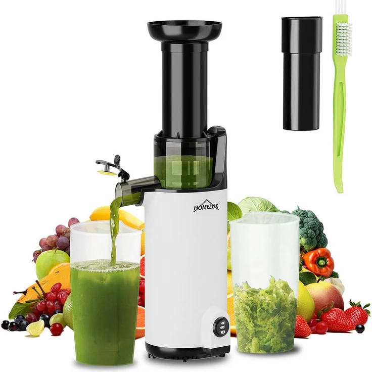 HOMELUX Slow Juicer, kompakter Mini-Entsafter mit 120 W, geräuscharm und Easy-Clean Konzept, Sicherheitsverriegelung