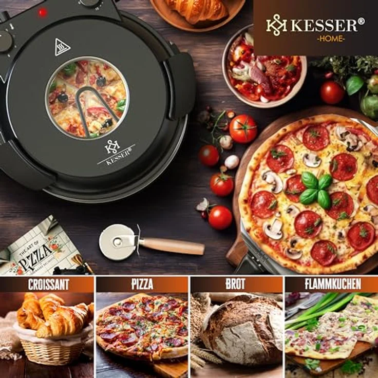 KESSER® Pizza-Ofen elektrisch bis 400 Grad | Elektrischer Pizzabäcker 1200W mit feuerfester Steinplatte & Timer Durchmesser 32cm | 5 Heizstufen & Sichtfenster | inkl. Pizzaschneider & Rezeptbuch – Bild 2