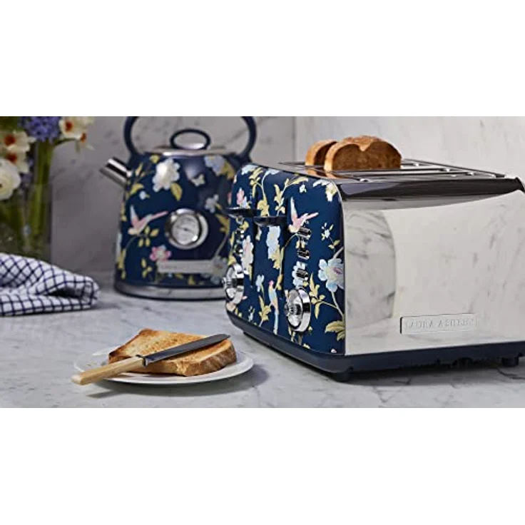 VQ Laura Ashley 4-Scheiben-Toaster Elveden Marine, Edelstahl-Vintage-Toaster mit Heiz-, Auftau- und Aufwärmmodi, inklusive Aufsatz zum Aufwärmen von Croissants – Bild 2