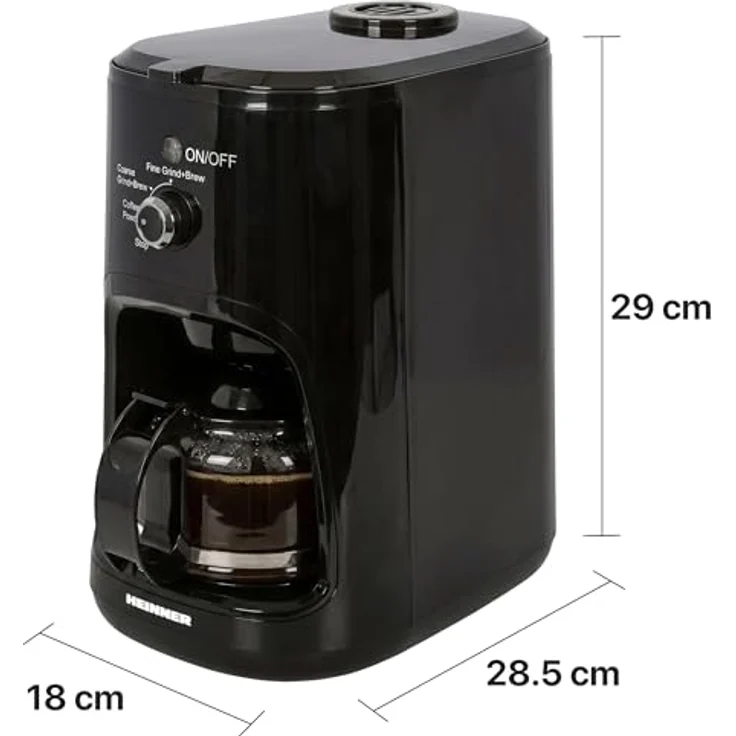 Heinner Grind Control HCM-900RBK, Filterkaffeemaschine mit 900 W, 0,6 L, 36 g Mahlkapazität, einstellbarem Mahlgrad Fein/Grob, Schwarz – Bild 4