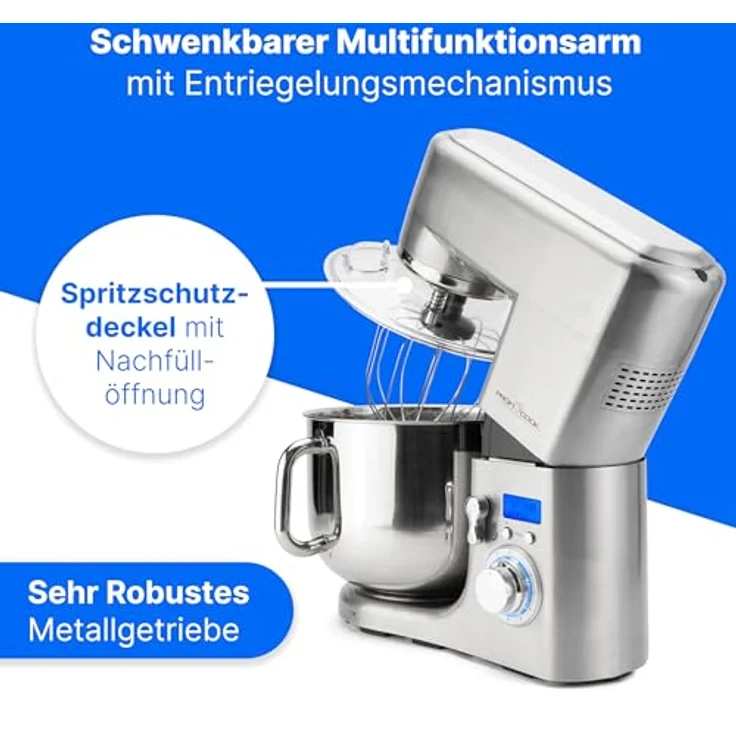 ProfiCook PC-KM 1096 XXXL-Küchenmaschine, 10 Liter Edelstahlschüssel, Alu-Druckguss-Gehäuse, LCD-Display, 1500 Watt, Edelstahl – Bild 4