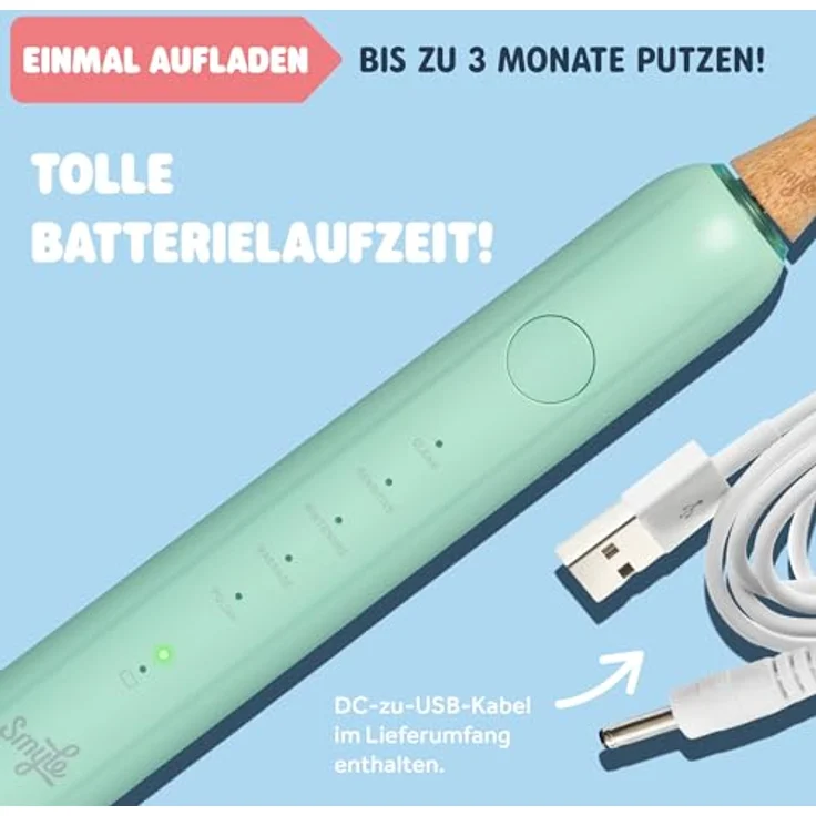 Smyle Schallzahnbürste mit Sensor, 3 Monate Akkulaufzeit, Intelligenter Timer, 5 Putzmodi, Wasserdicht, Mintgrün – Bild 3